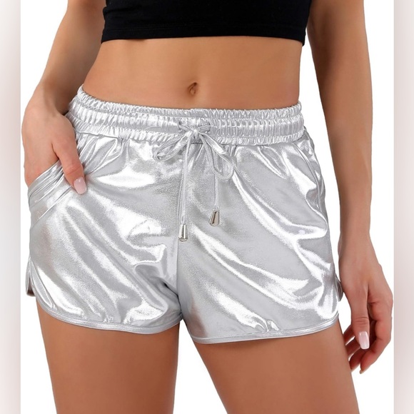POSHDIVAH Metallic Shorts Shiny with Elastic Drawstring Size Medium NWOT - Picture 3 of 6